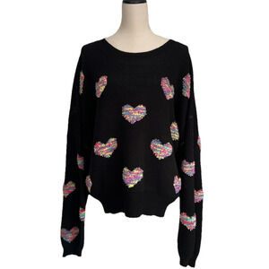 Pink Lily Sweater Womens 2XL Black Crewneck Heart Detail Balloon Sleeves